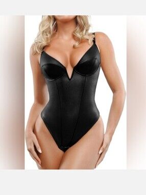 Popilush Faux Leather Deep V Bodysuit Tummy Control Shapewear Thong